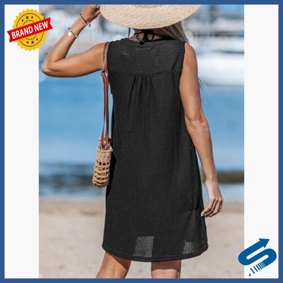 Sleeveless Waffle Knit Beach Coverup Dress Mini Length V Neck Pocket - Picture 6 of 7